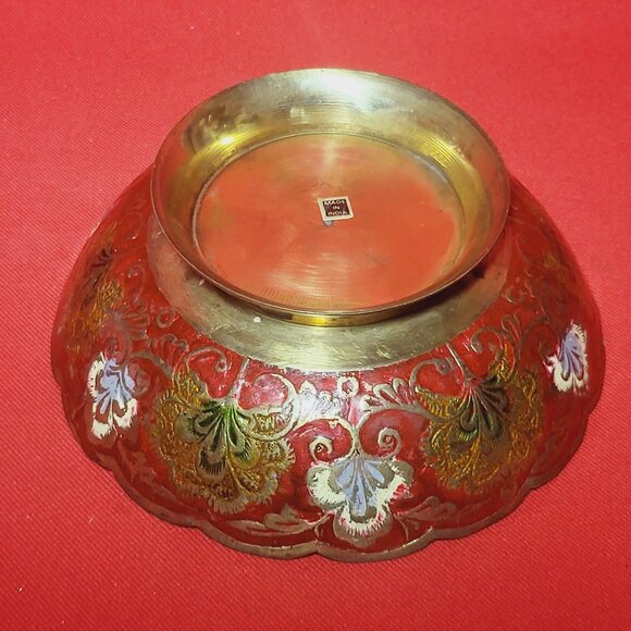 Vintage Indian Etched Brass Metal Peacock Pedestal Red Bowl Trinket Dish - Picture 4 of 11
